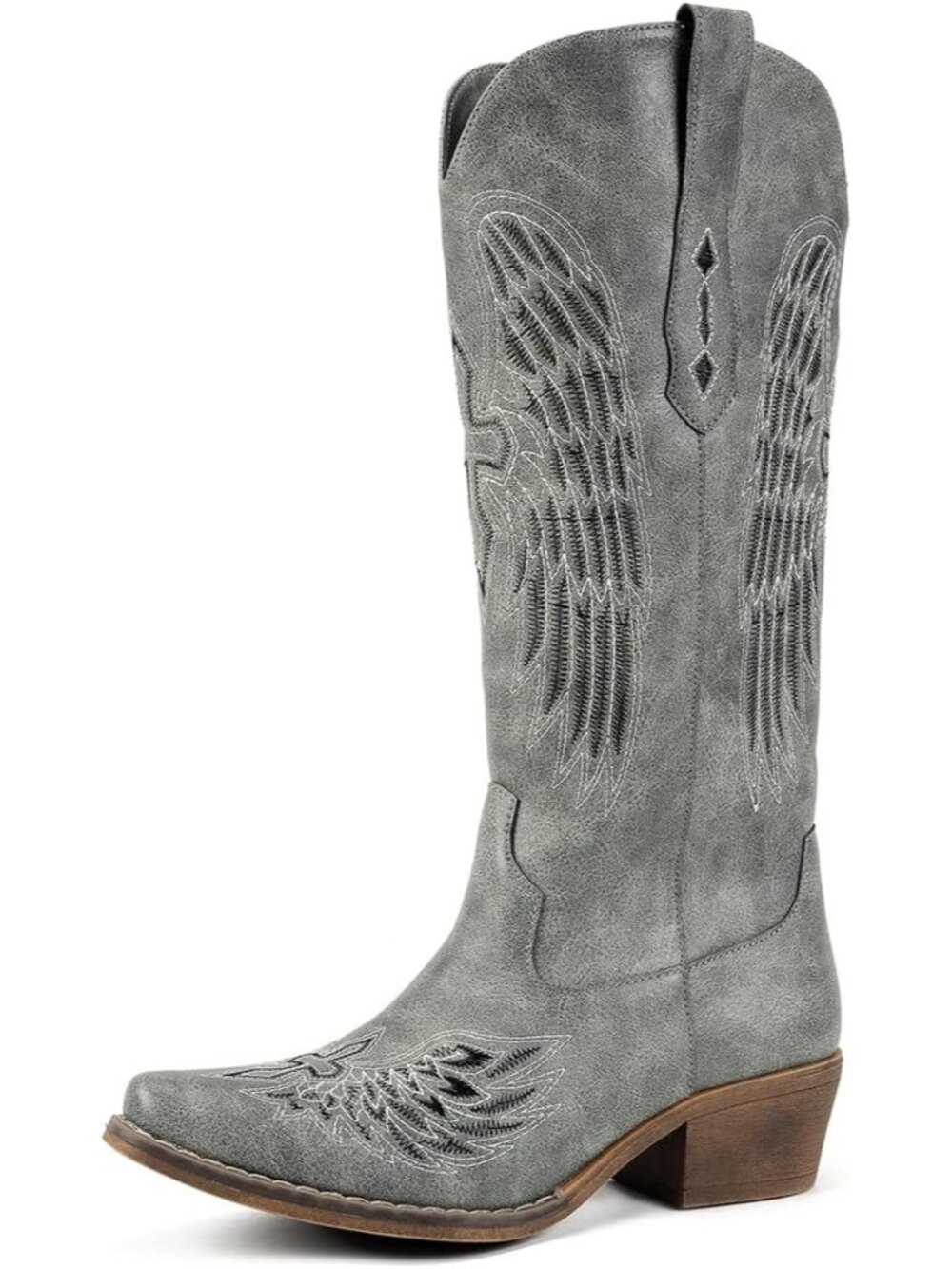 Women's Grey Suede Gothic Cross Angel Wing Embroidered Mid Calf Cowgirl Boots